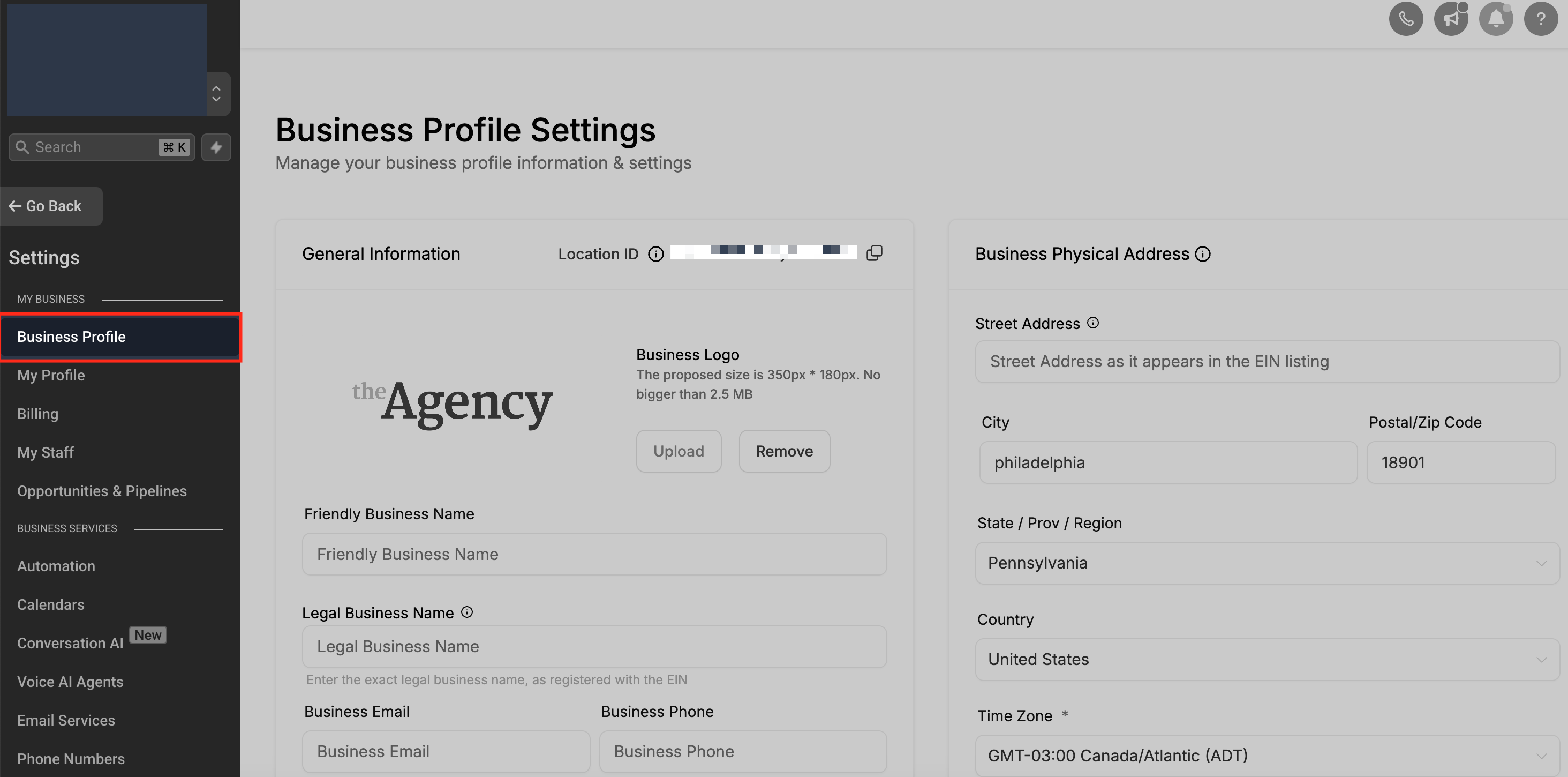 Sub-Account Settings navigation to Business Profile
