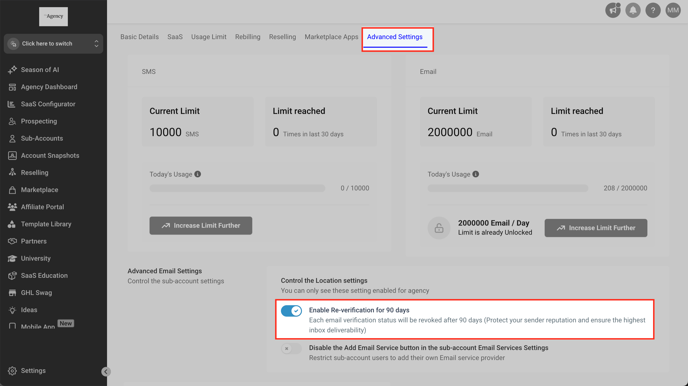 Enable Re-verification for 90 days setting in Advanced Email Settings