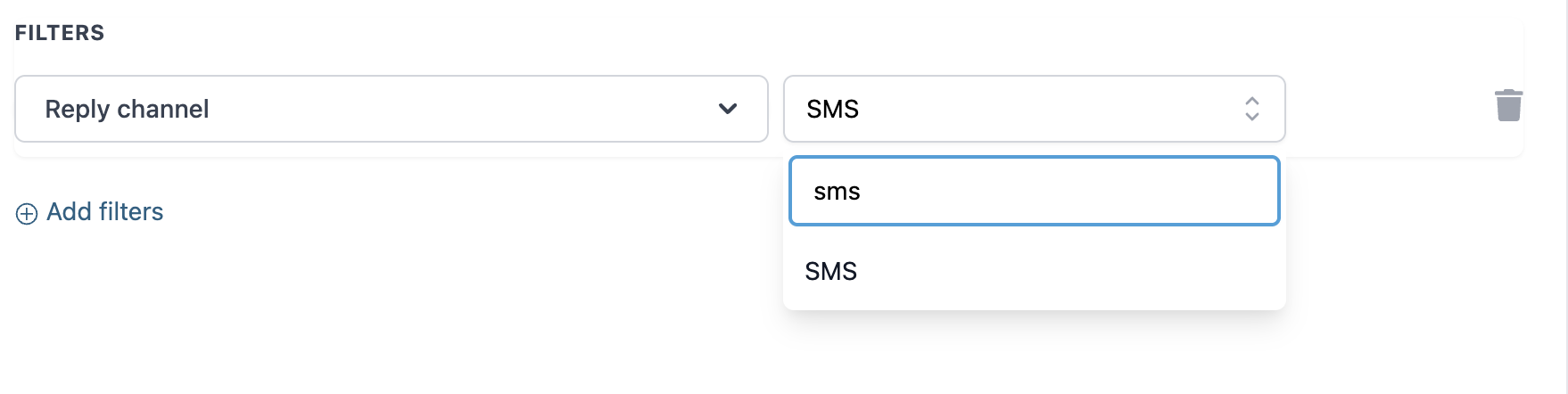 SMS selected from the reply channel dropdown