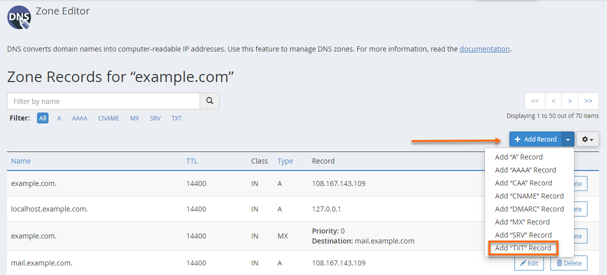 Add TXT Record option in cPanel Zone Editor