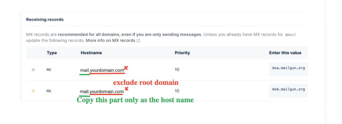 Example of the Host field for the MX record