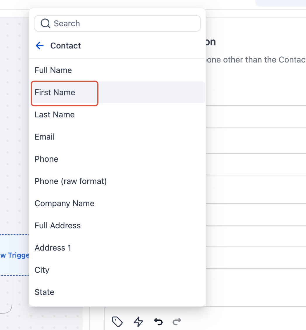 Custom Values panel showing Contact First Name option