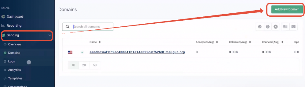 Sending menu with Add New Domain option