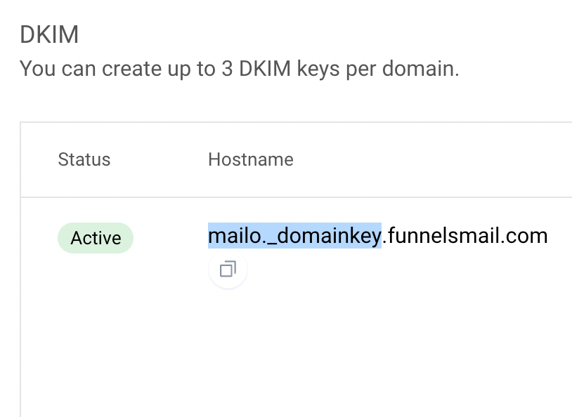Example of the name value to copy when using the main domain