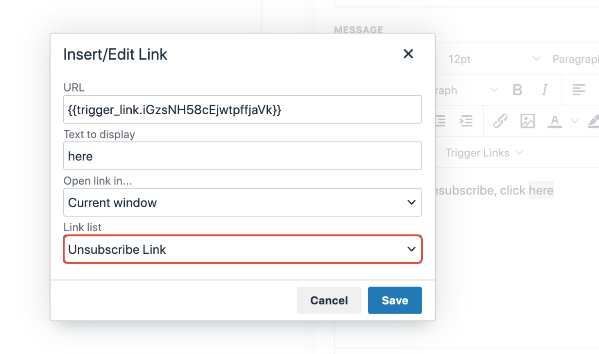 Link dialog with Unsubscribe Link selected from the Link List