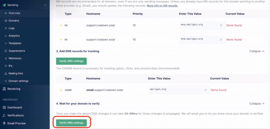 Verify DNS Settings button in Mailgun