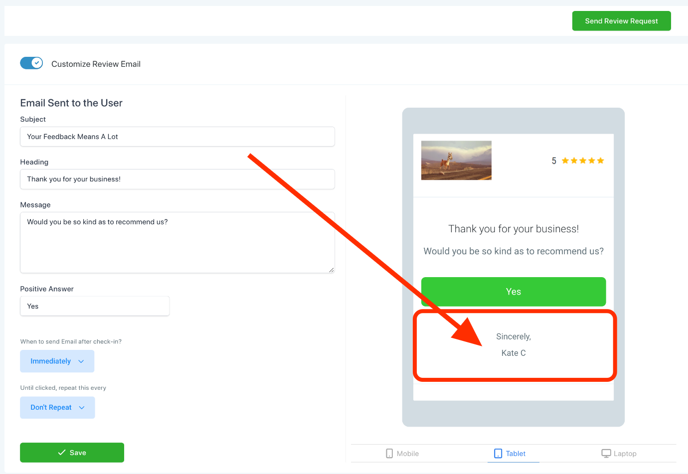 Signed-in user shown as the sender on a review request