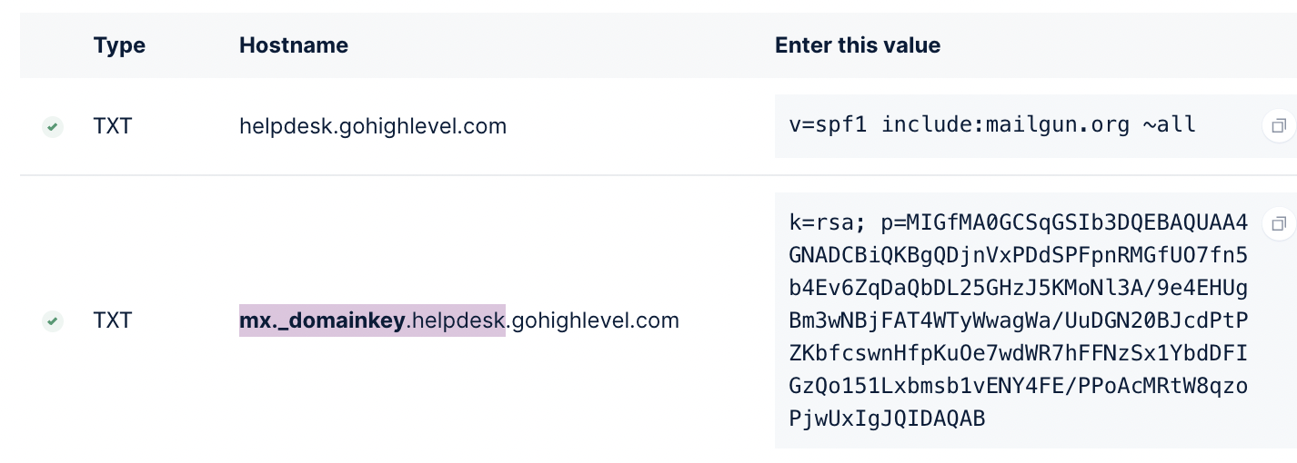 Example of the host value to copy when using a subdomain