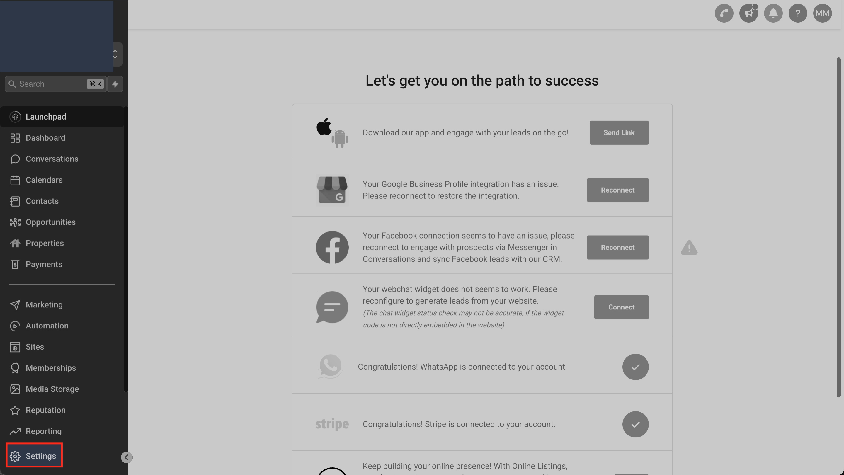 Subaccount Settings navigation