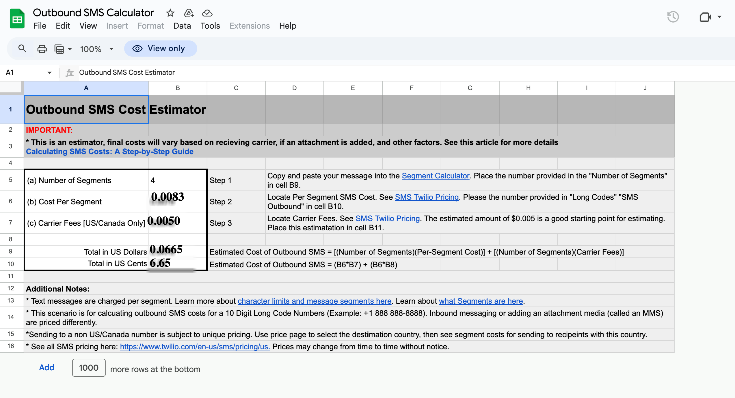 SMS Cost Estimator Sheet preview