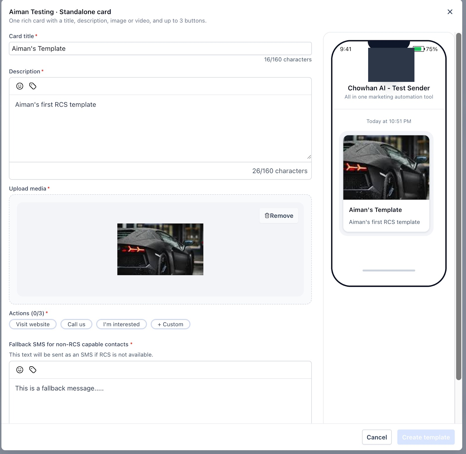 Standalone Card RCS Snippet builder