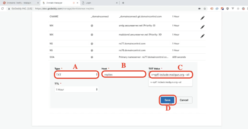 Add record form in GoDaddy DNS editor