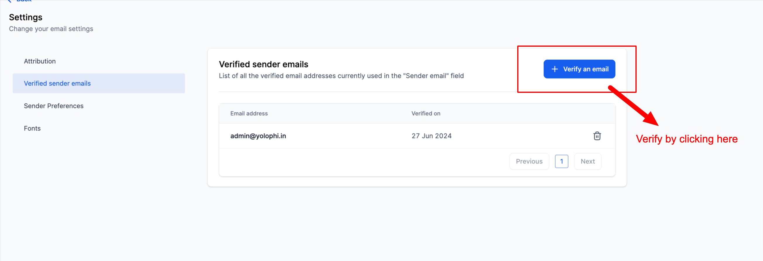Verify an email from the settings page