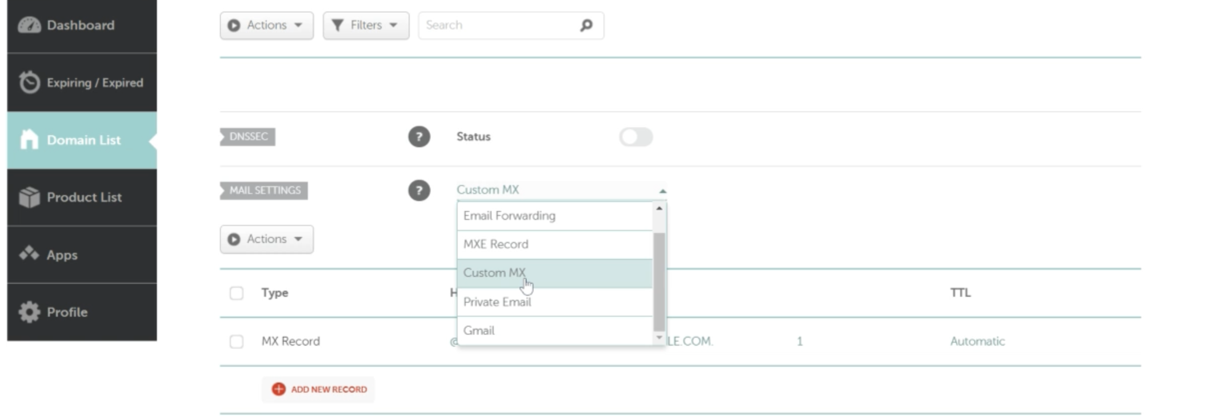 Mail Settings dropdown switched to Custom MX