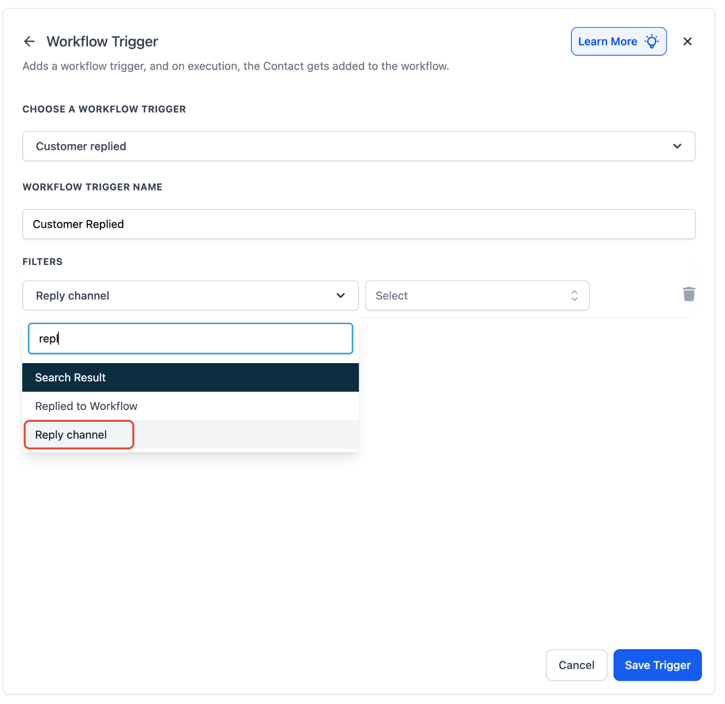 Reply Channel filter option selected