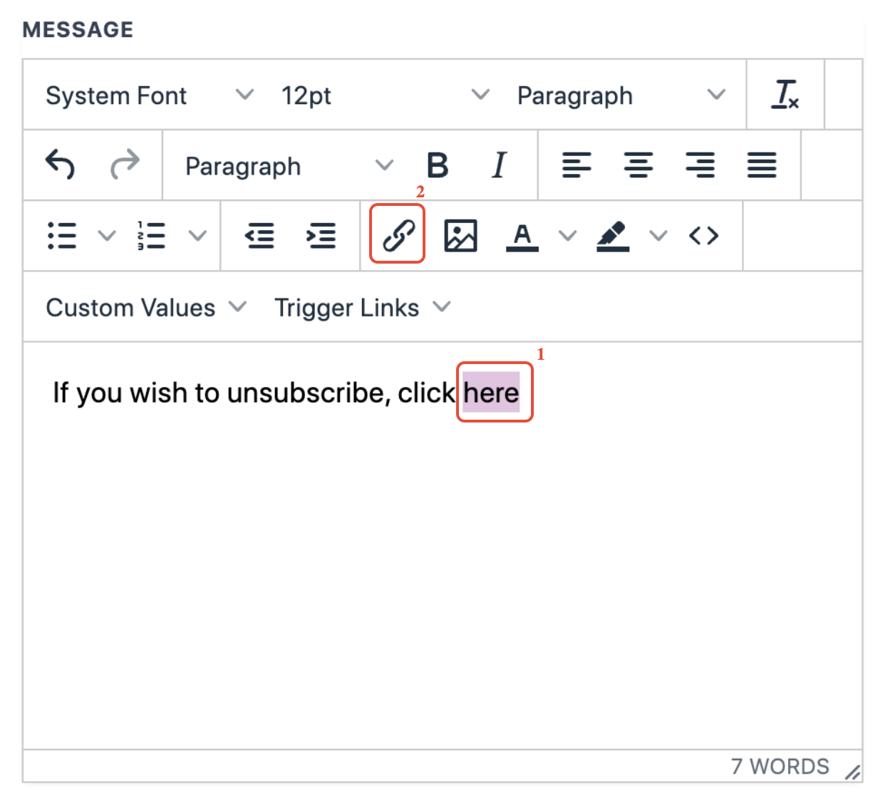 Email footer editor with 'here' highlighted and the link icon visible