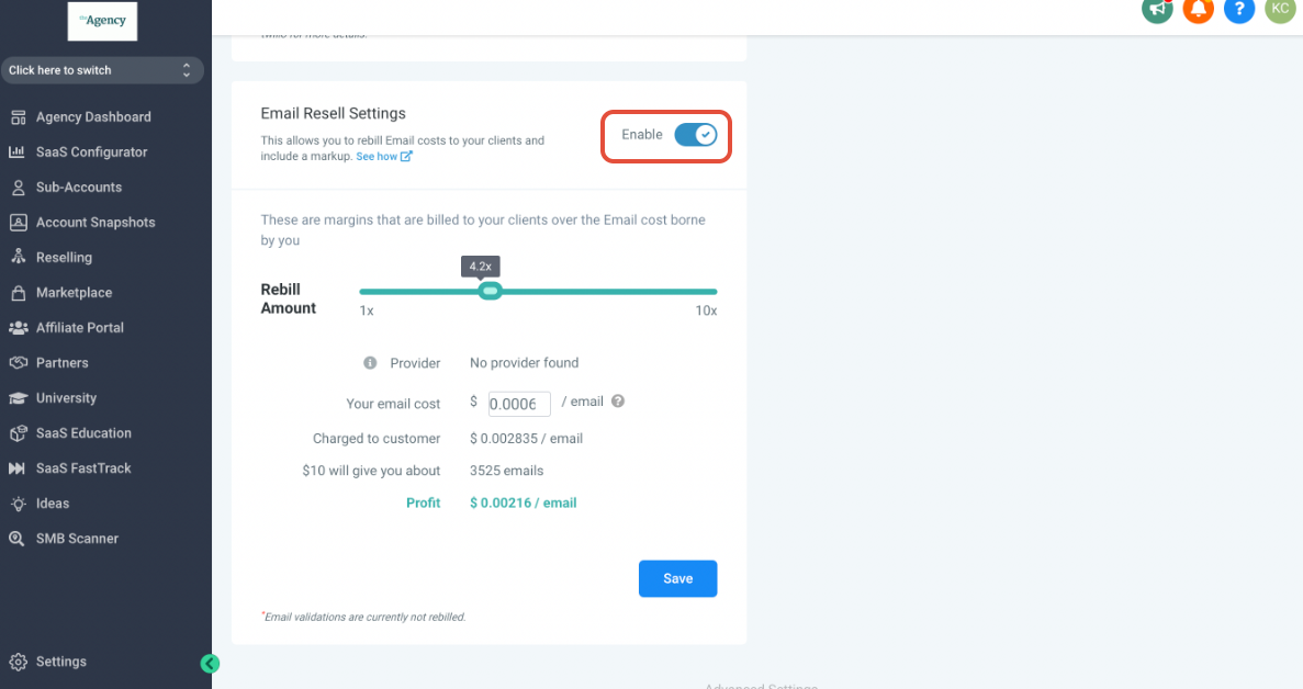 Email Resell Settings toggle