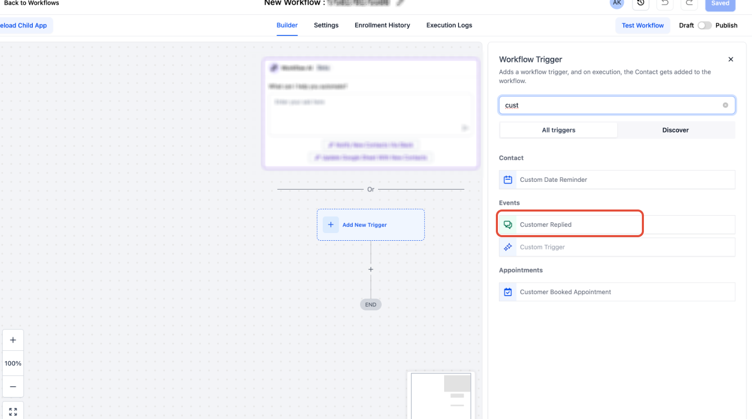 Customer Replied selected as the workflow trigger
