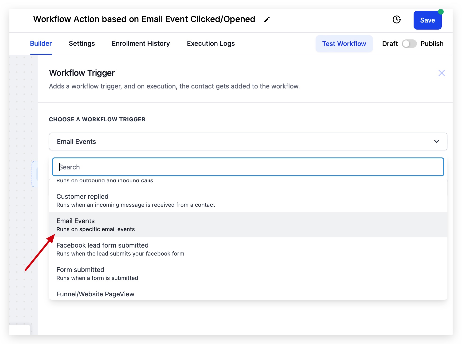 Select Email Events from the dropdown