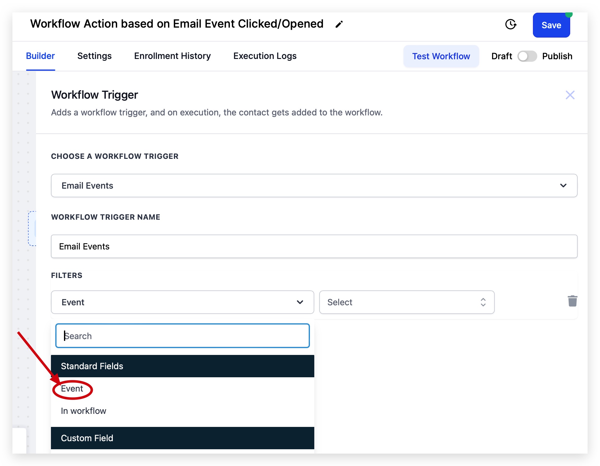 Select Email Events then Event