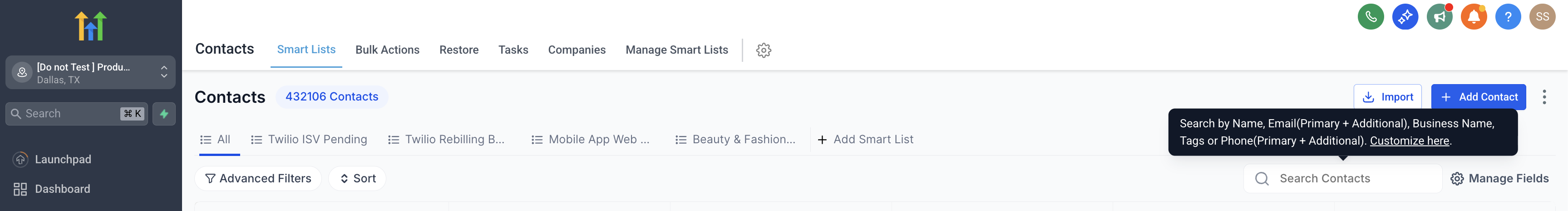 Smart Lists search to locate a contact
