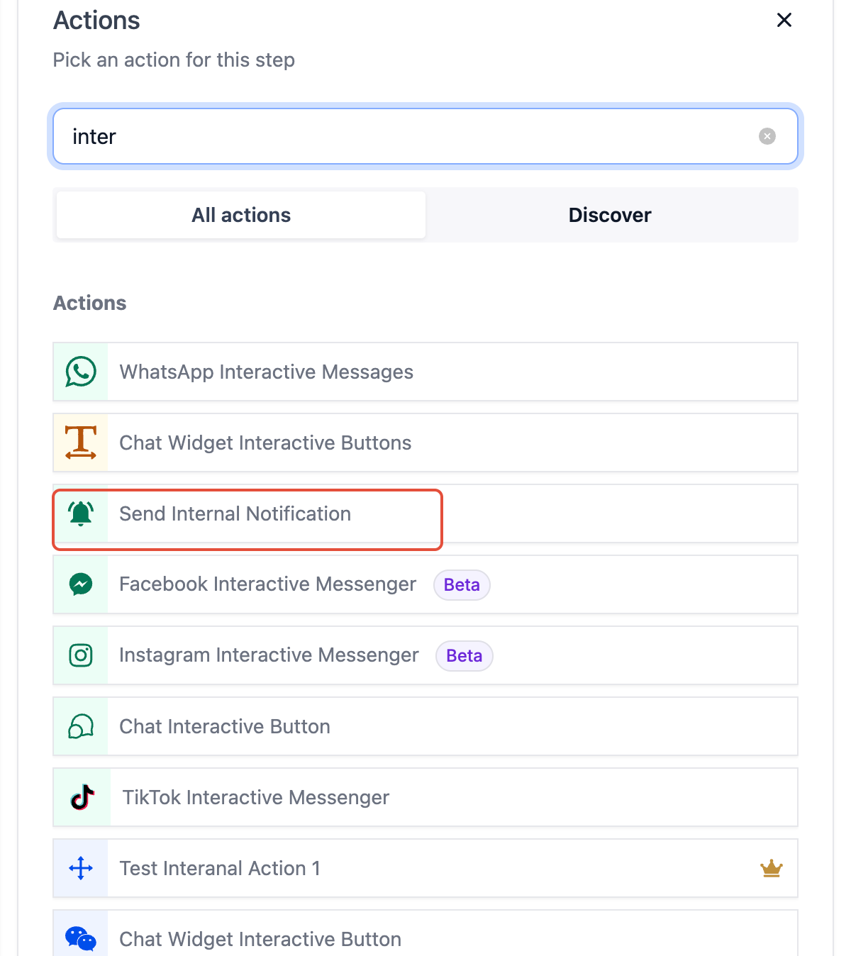 Send Internal Notification action selected in the workflow builder