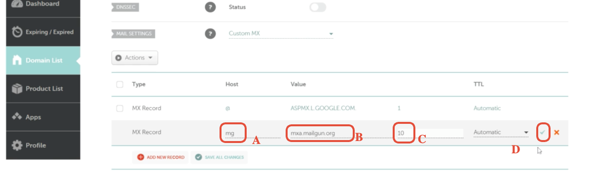 MX record row being configured in Namecheap