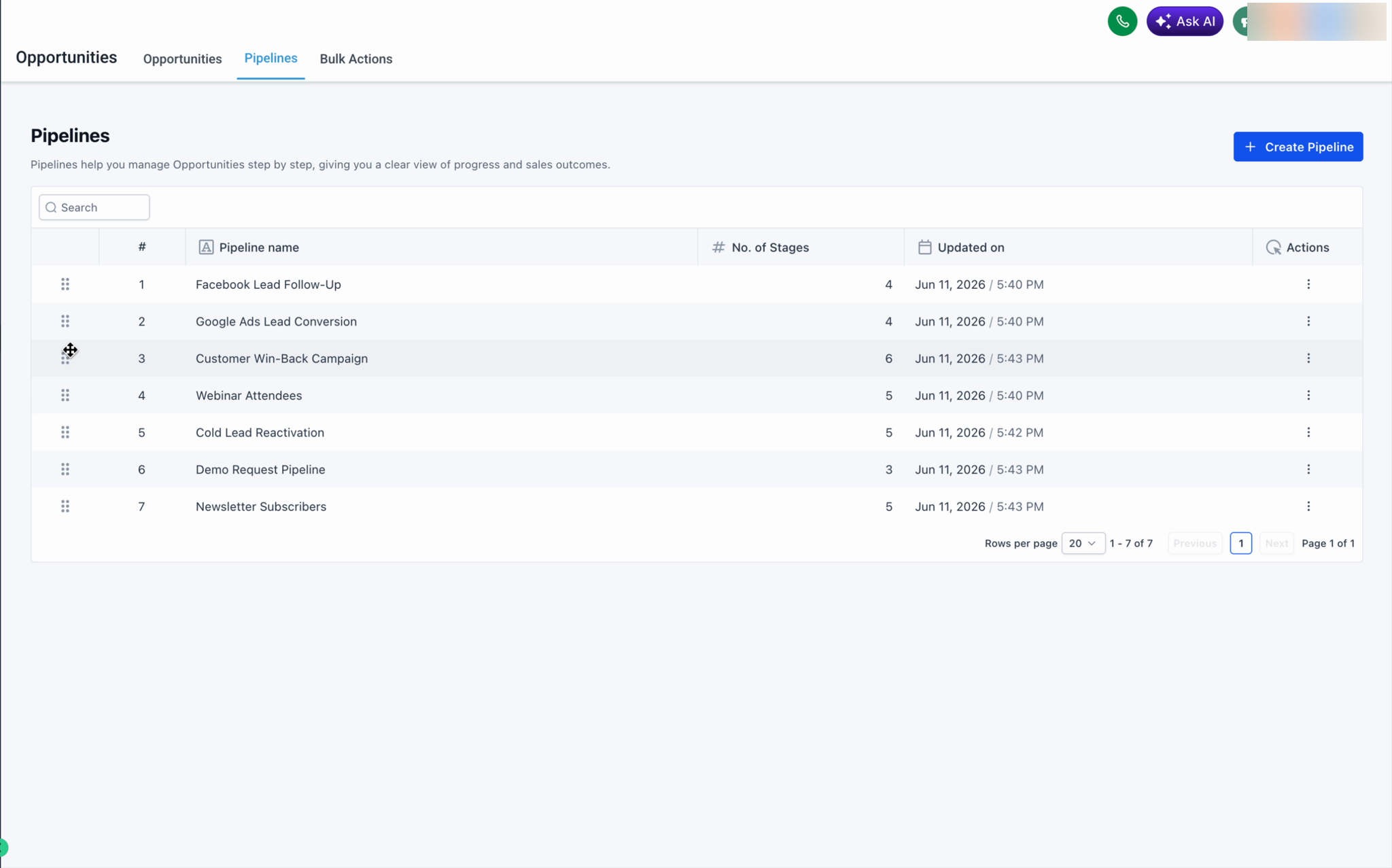 Dragging a pipeline to a new position in the Pipelines list