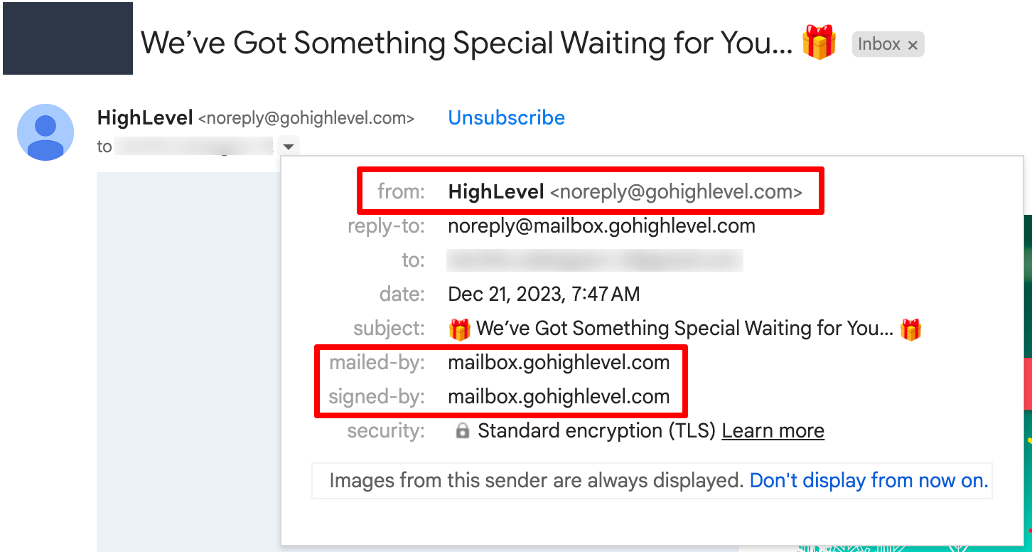Example showing a dedicated sending domain displayed in Gmail