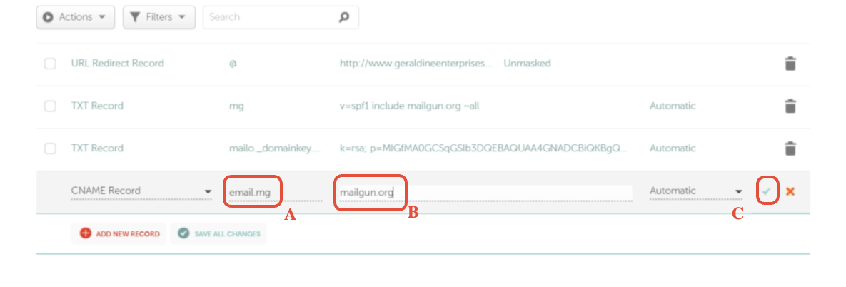 Namecheap CNAME record row