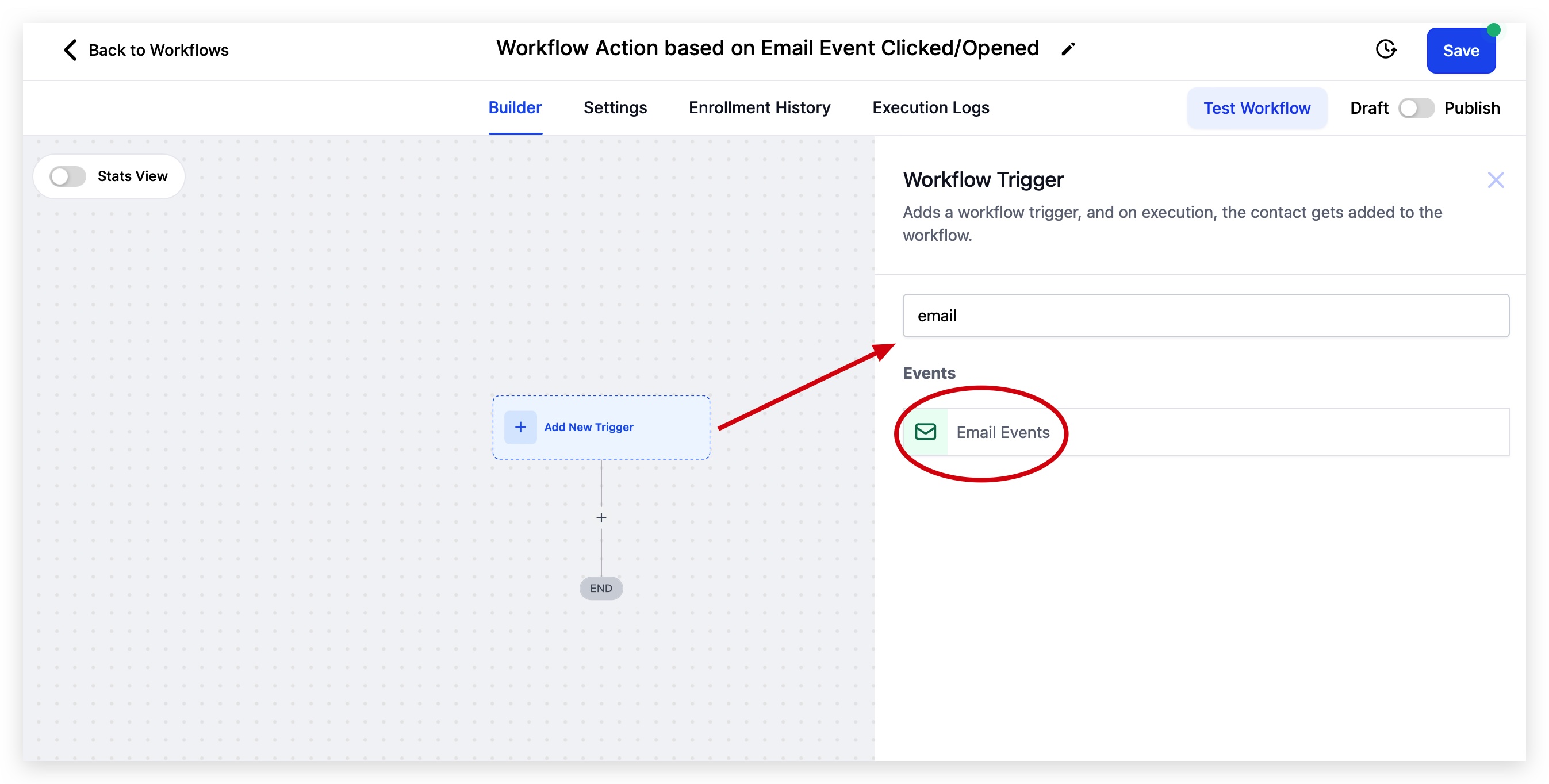 Search email in the workflow trigger picker