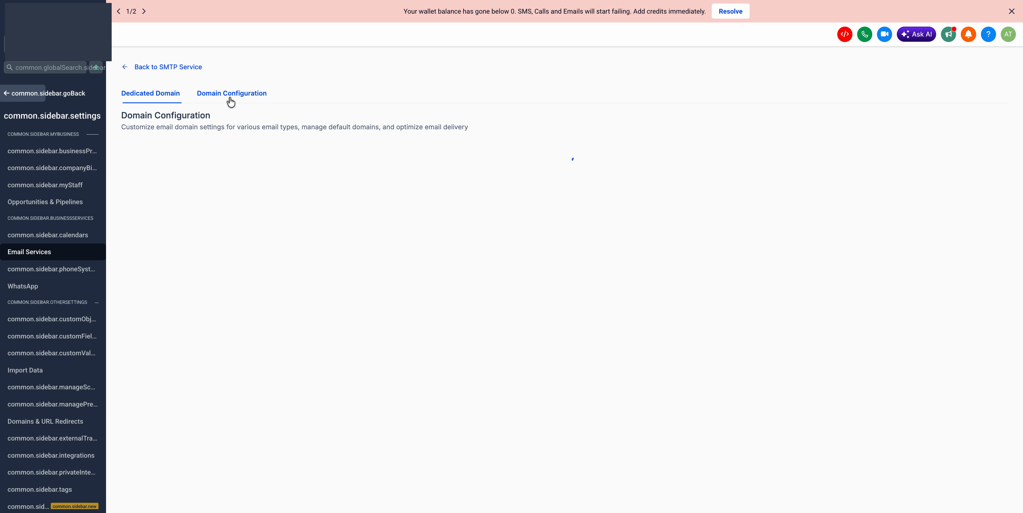 Domain Configurator menu with the affected domain selected