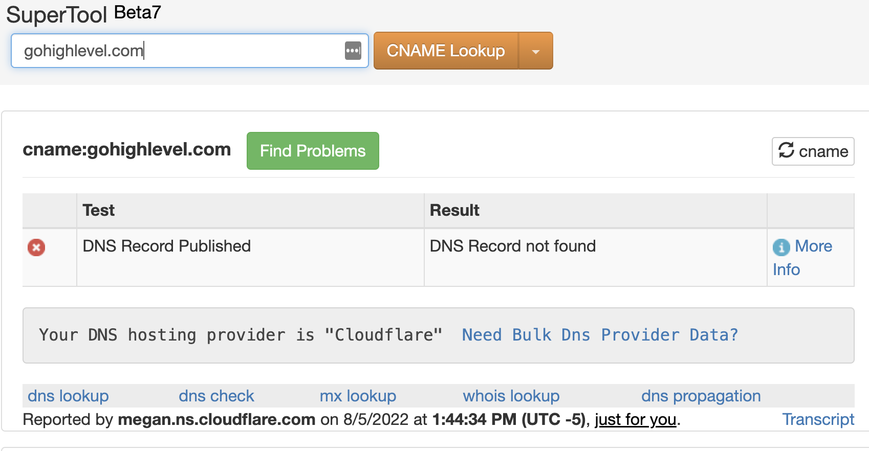 MXToolbox results showing DNS hosting provider