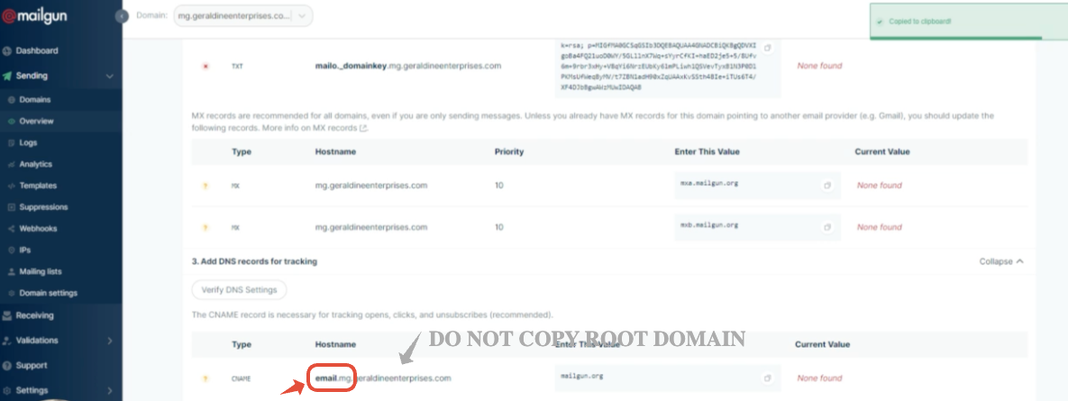 Mailgun CNAME host value to copy