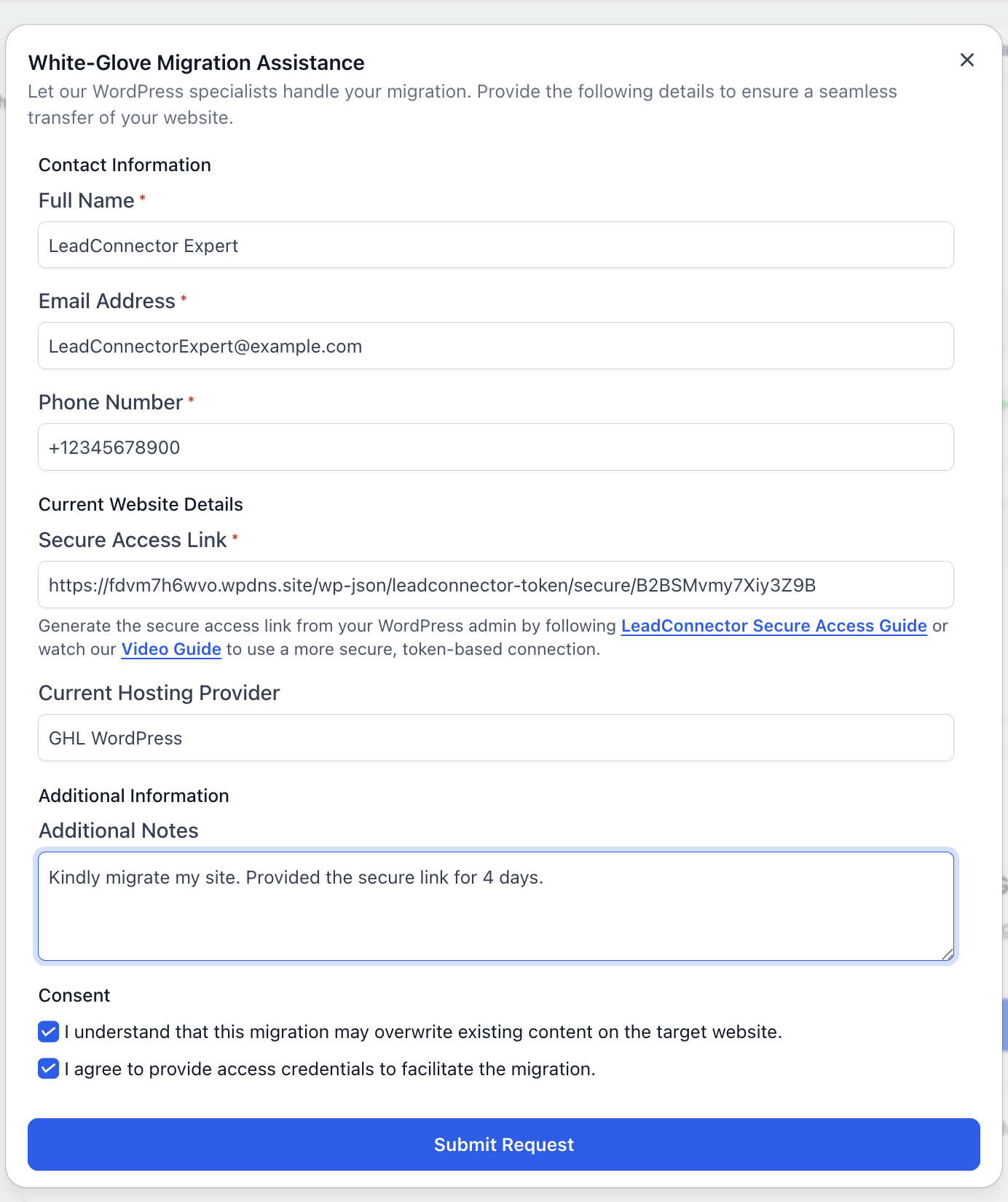 White-Glove Migration form with the link pasted White-Glove Migration form with the link pasted