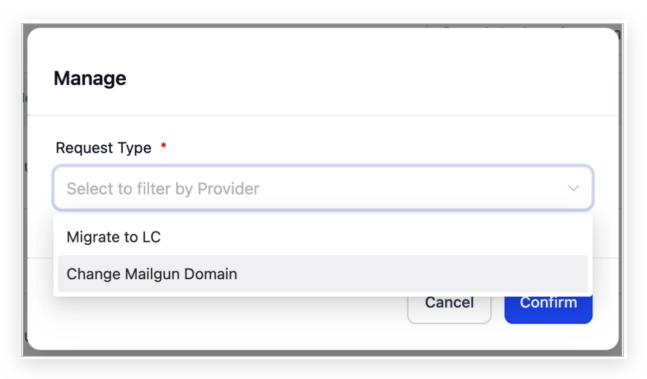Manage panel with Migrate to LC option selected under Request type
