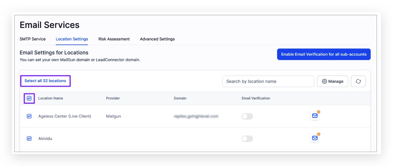 Filtered Mailgun sub-accounts with Select all checkbox option in table header