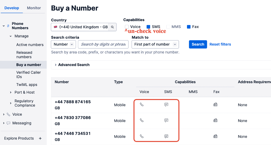 Buying an SMS-capable UK number in the Twilio Console