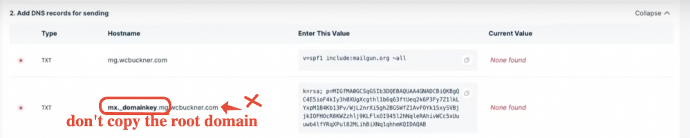 Example of the host name value to copy for the DKIM record