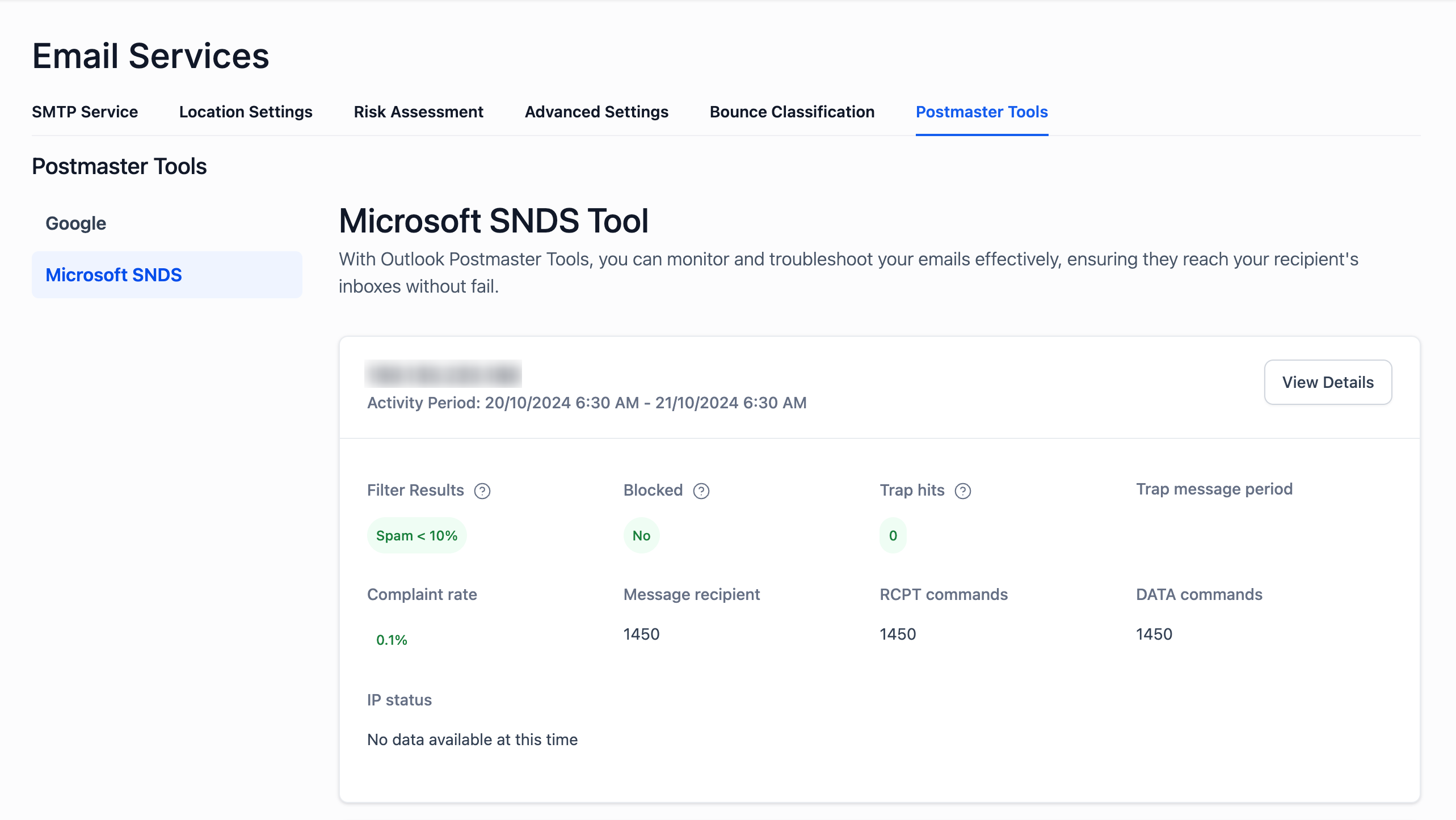 Navigating to Microsoft SNDS under Postmaster Tools