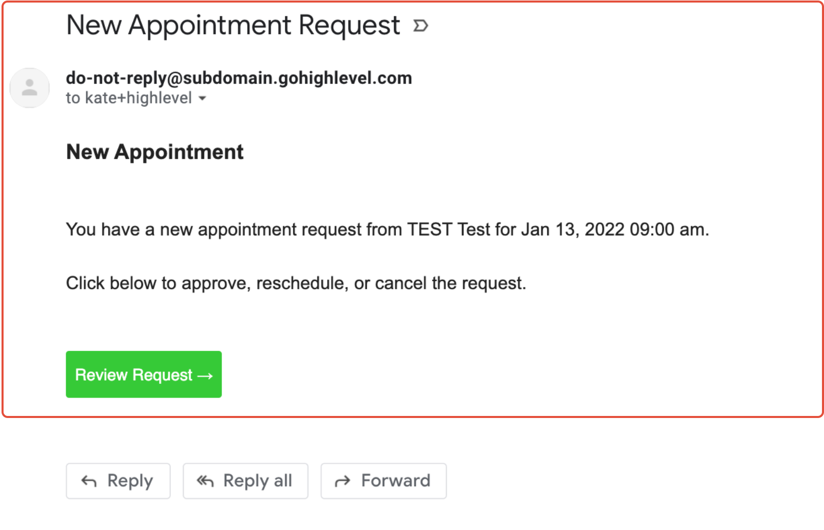 New Appointment Request notification email