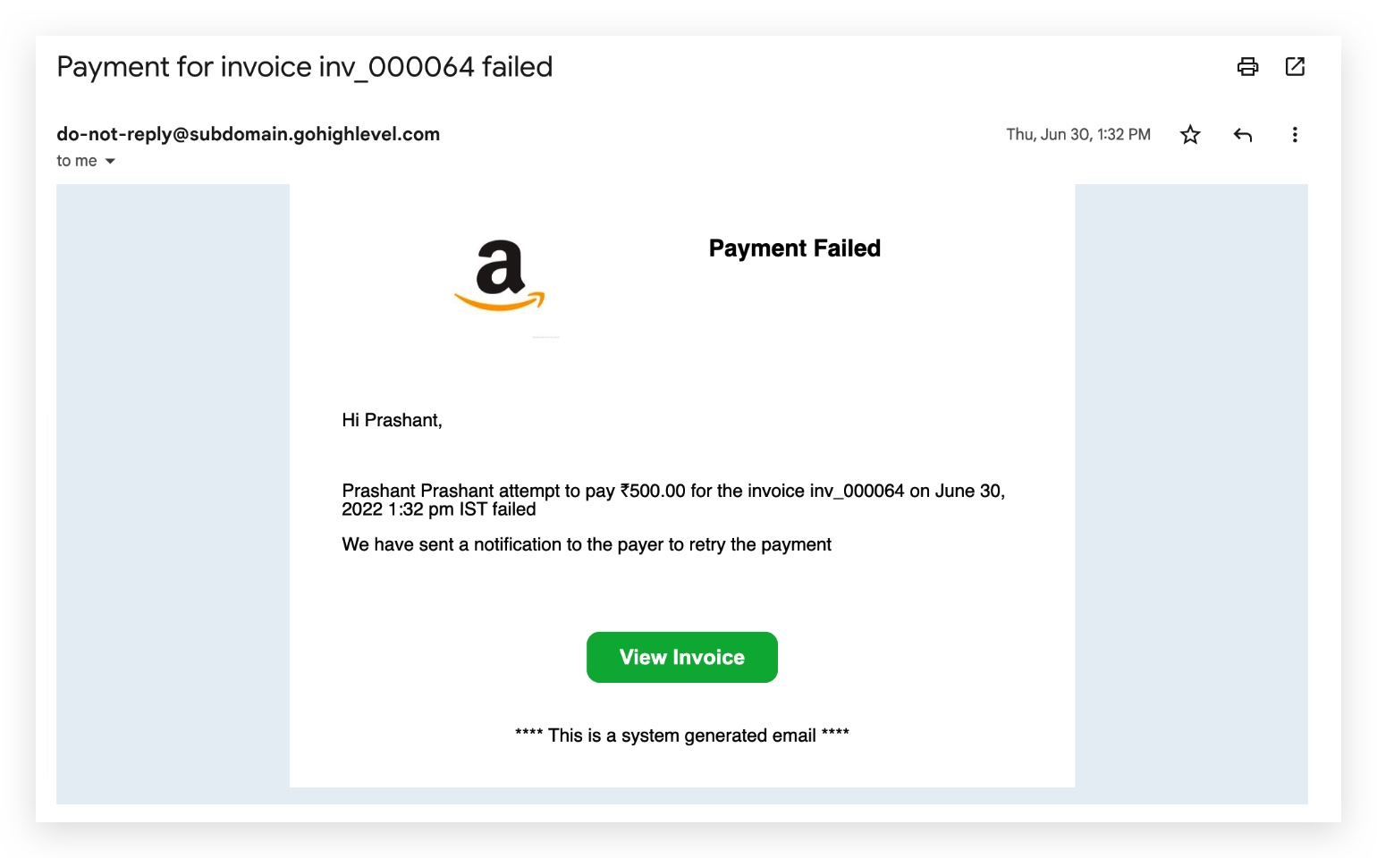 Invoice payment attempt failed — sent to the business