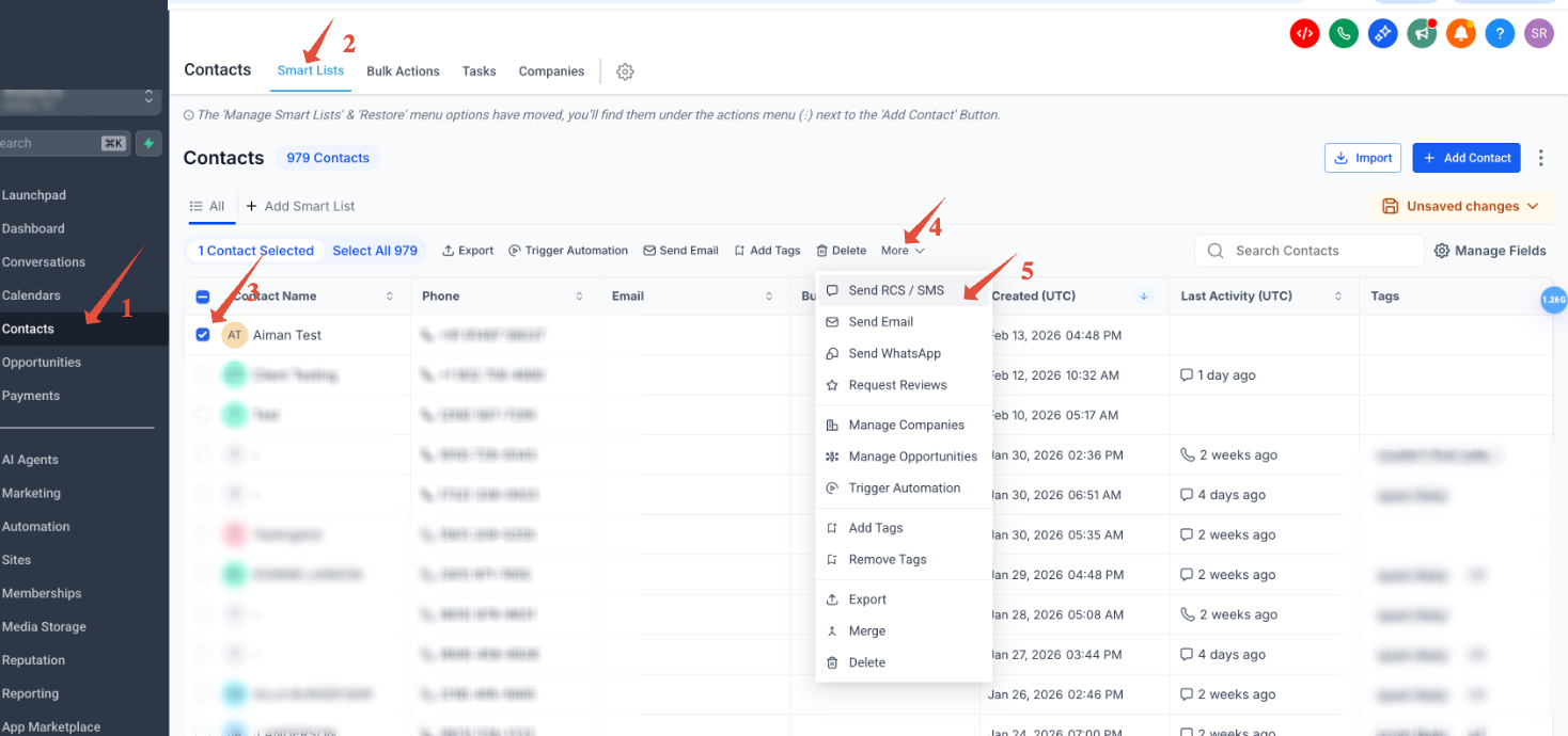 Selecting a Smart List and choosing Send SMS and RCS