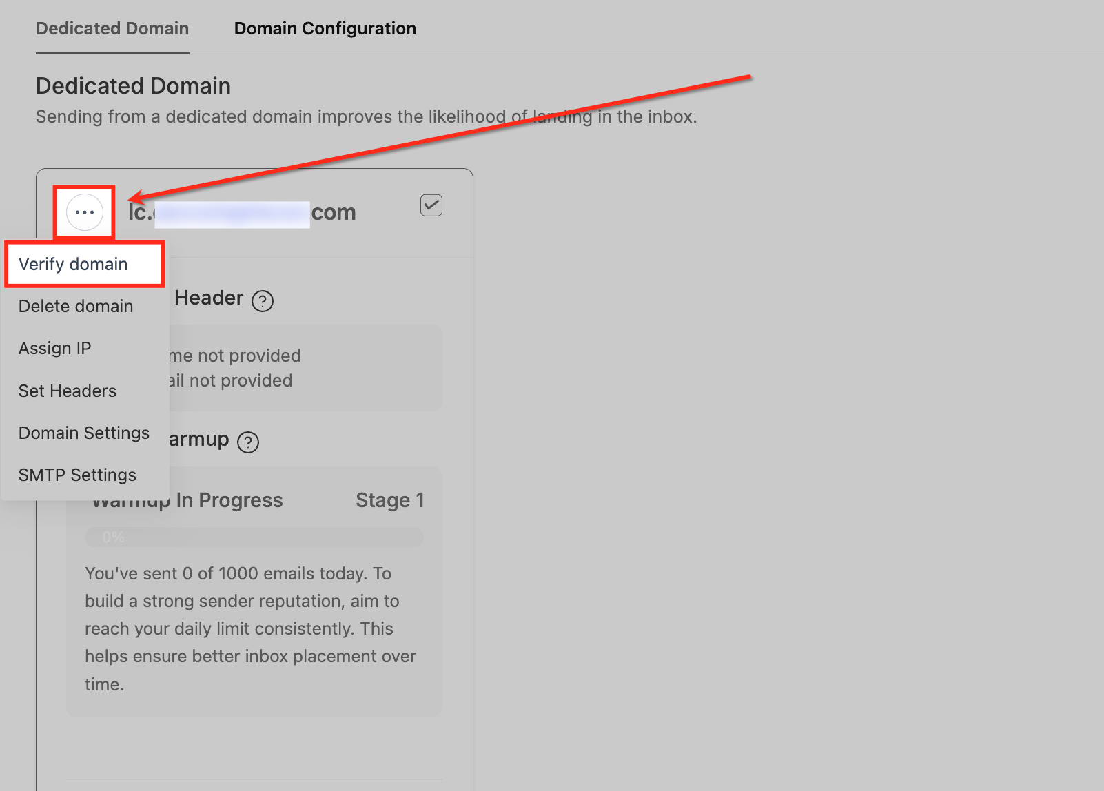 Three-dot menu with Verify domain option highlighted