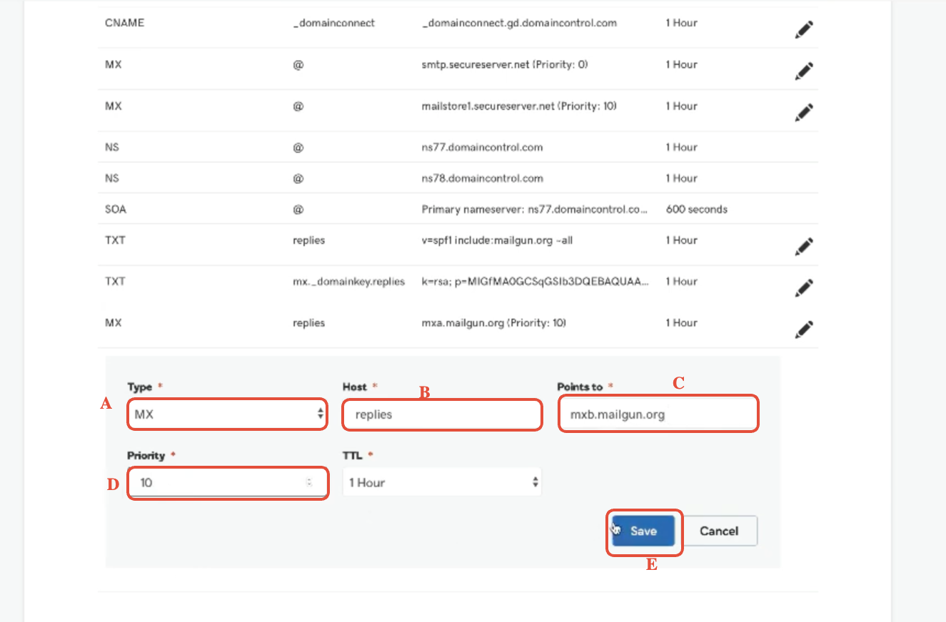 Add second MX record form in GoDaddy