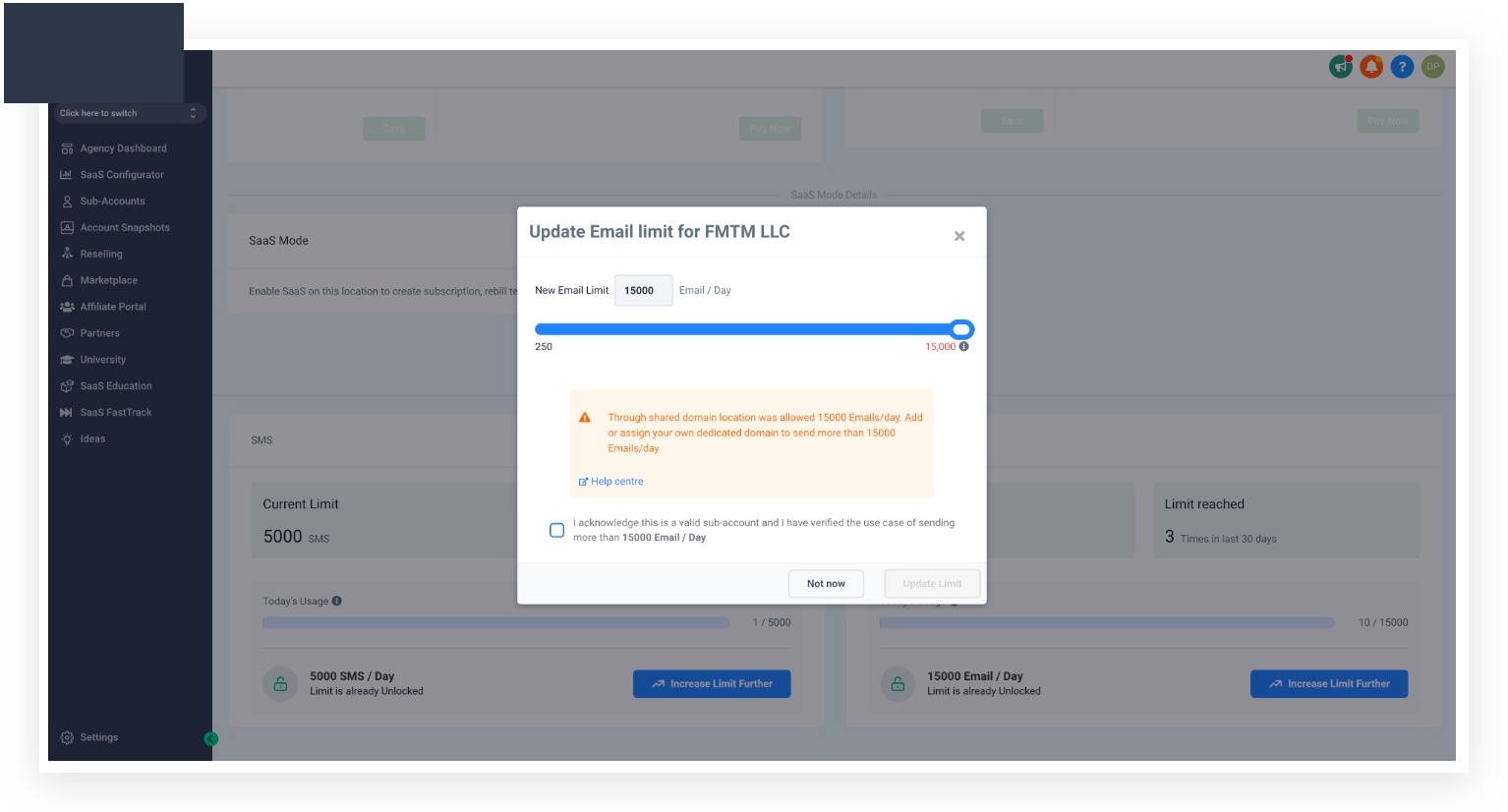 Shared domain limit adjustment UI