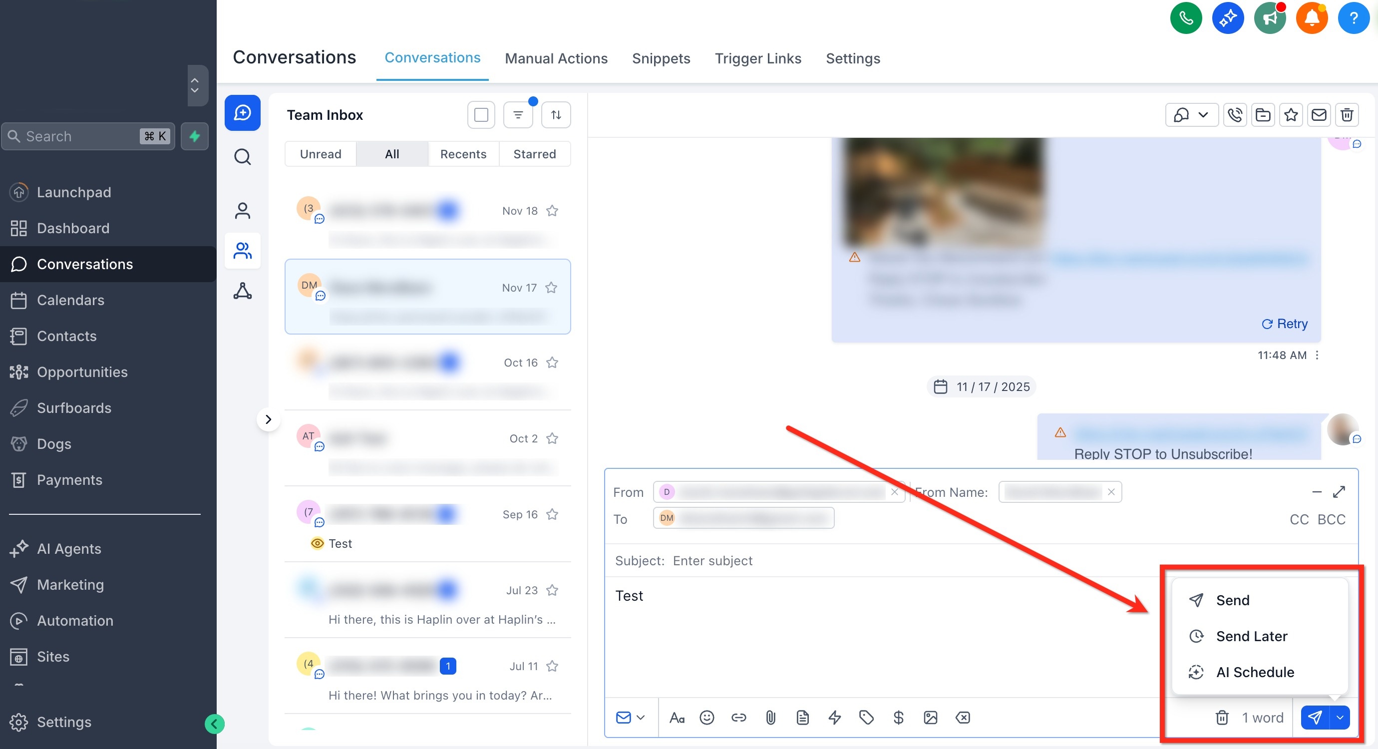 AI Schedule option shown in the Conversations email composer alongside Send Now and Send Later