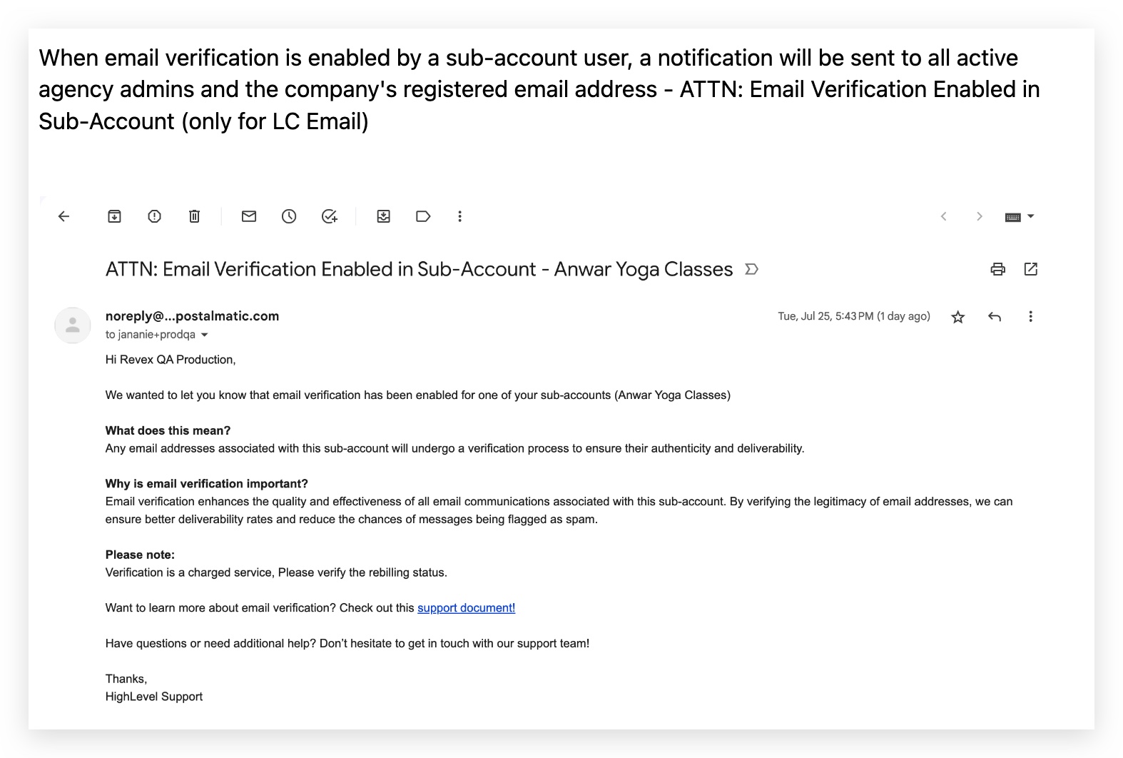 Email notification sent to agency admins when subaccount enables verification