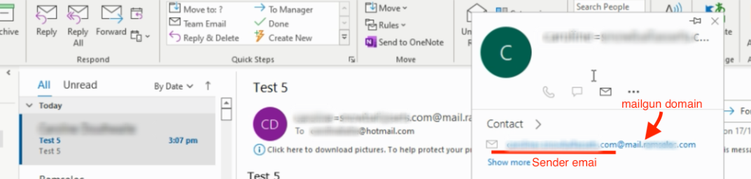 Outlook display showing 'sent by' on a sender