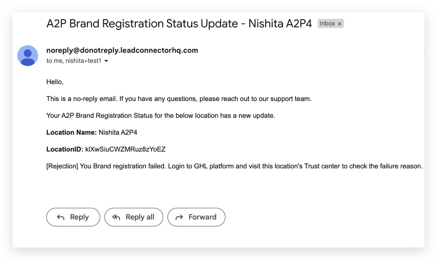 A2P / Toll Free verification status email — sample 2